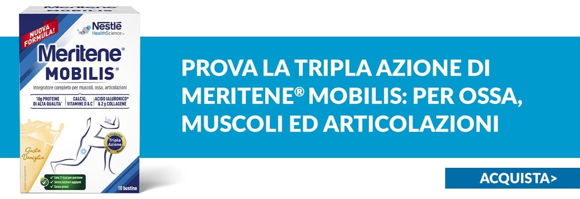 Confezione di Meritene Mobilis gusto vaniglia da 10 bustine su banner Prova la tripla azione