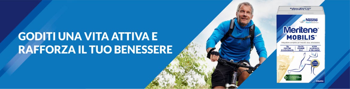 Uomo che corre in bicicletta all'aperto e immagine di confezione di Meritene Mobilis accanto su banner Goditi una vita attiva e rafforza il tuo benessere